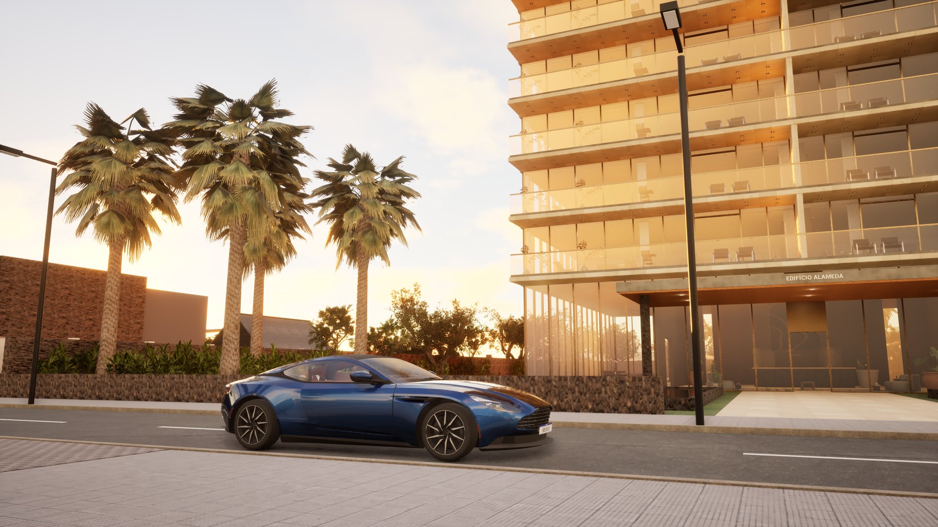 Aston Martin estacionado em frente ao Edifício Alameda no pôr do sol, com palmeiras