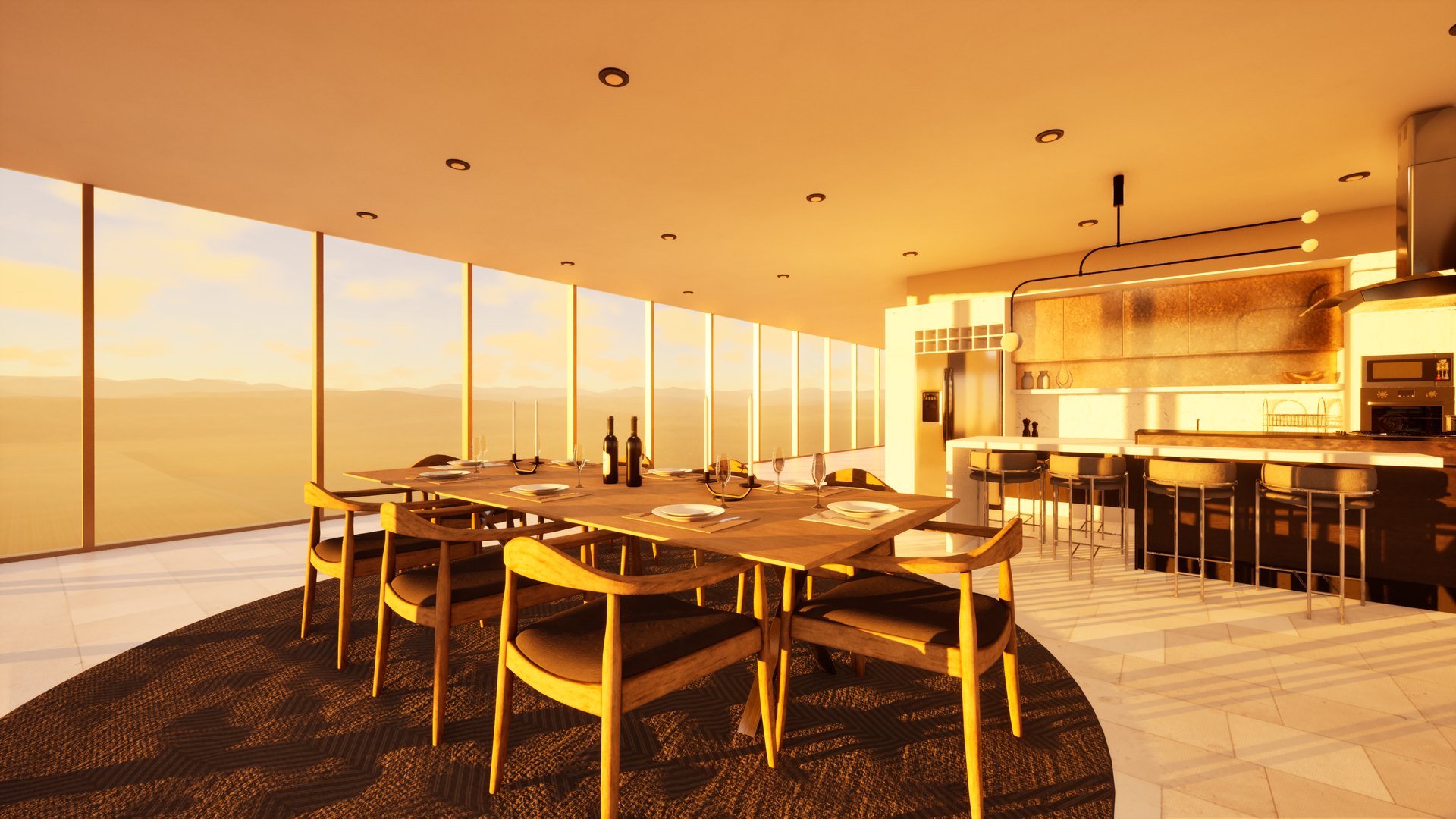 Jantar para oito e cozinha com ilha no Edifício Alameda, na luz do fim da tarde