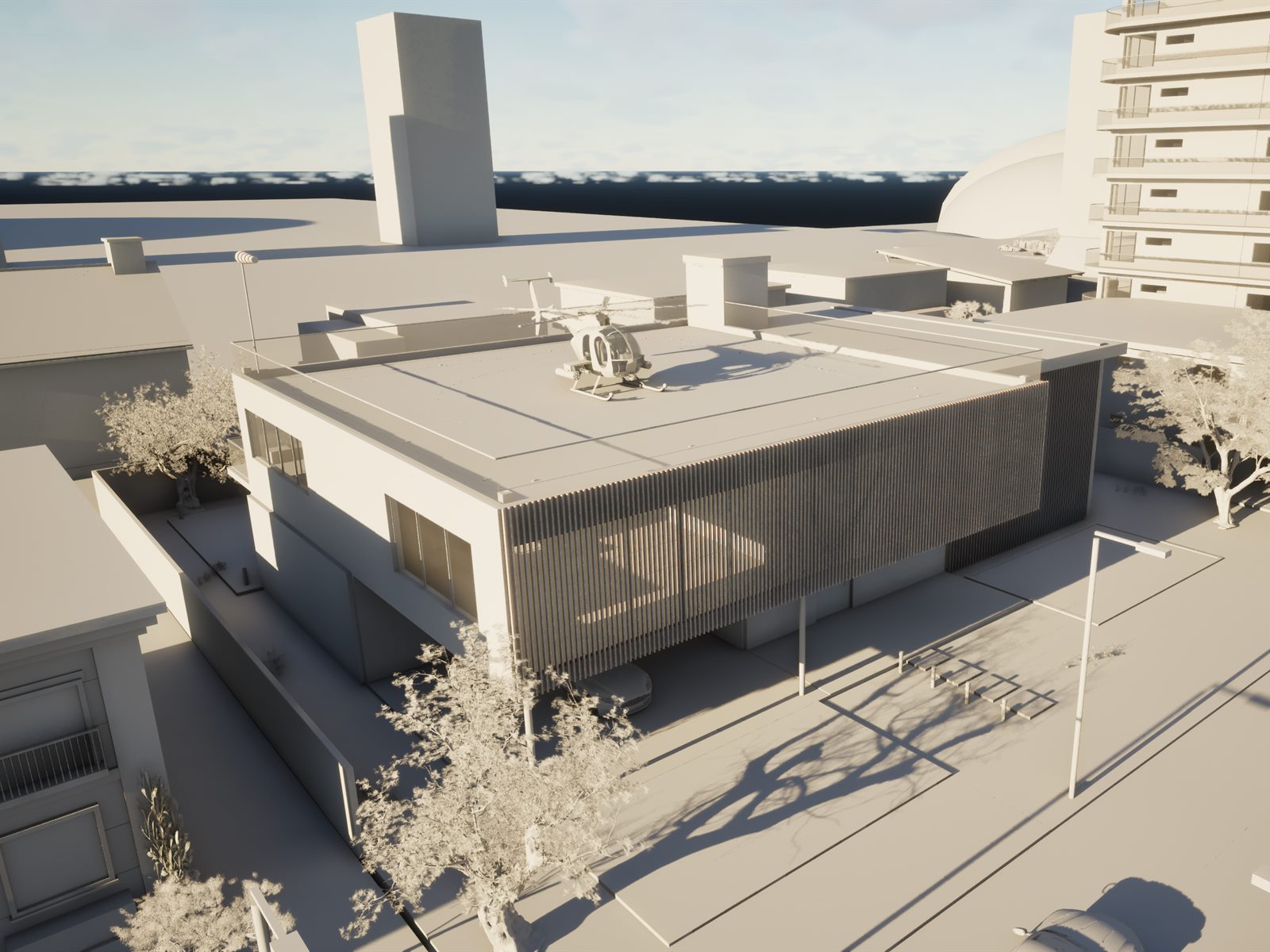 Casa Mirante em 3D, ainda sem materiais: só volumes, aberturas e a luz do sol