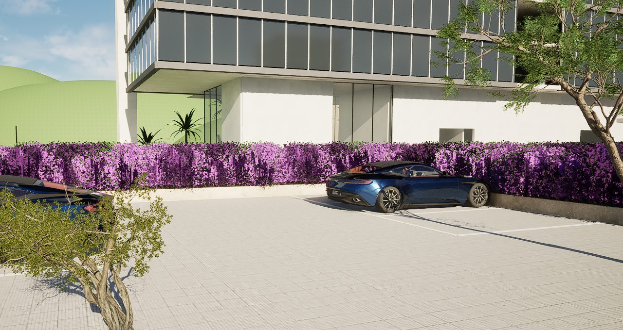 Acesso de visitantes com muro de buganvílias e carro estacionado
