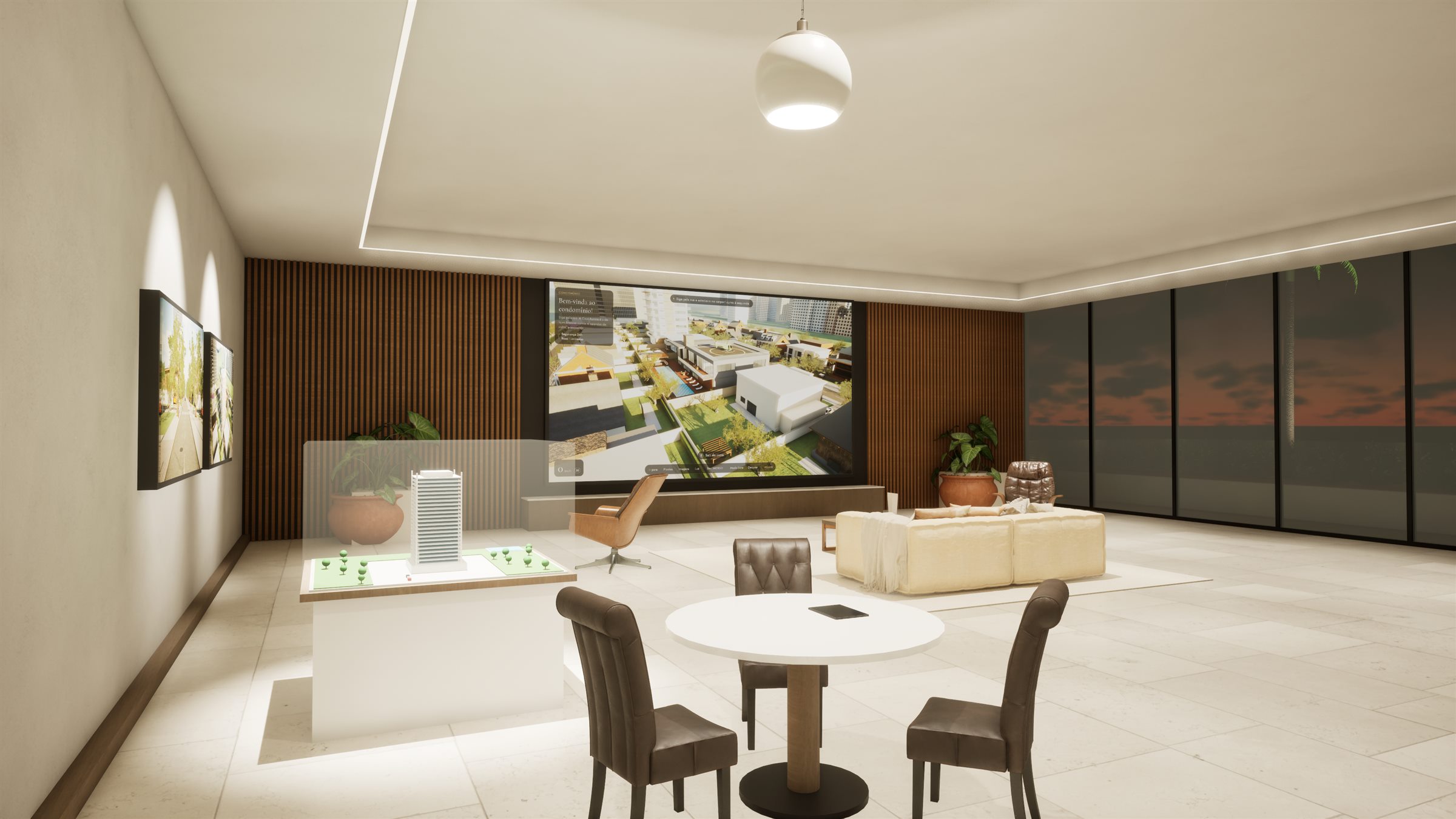 Estande de vendas ao entardecer com o IMERSO no telão de LED: a Casa Mirante vista do alto, com o menu da visita, diante de um lounge com sofá, poltronas, a maquete física da torre numa vitrine e uma mesa de atendimento