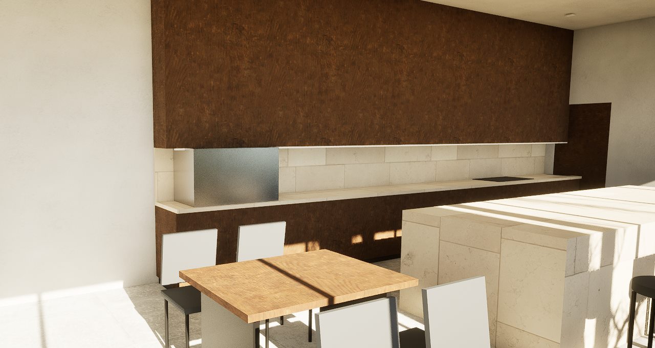 Espaço gourmet com bancada, painel de madeira e mesas