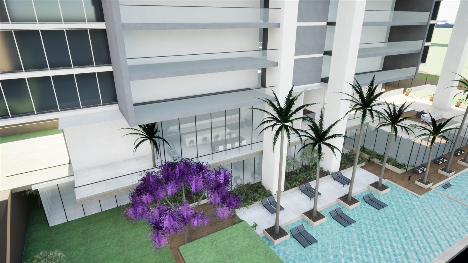 Lazer de torre residencial visto do alto, com piscina, palmeiras e buganvílias