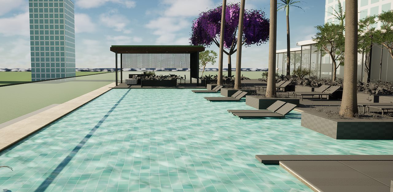 Piscina panorâmica com palmeiras e espreguiçadeiras dentro da água