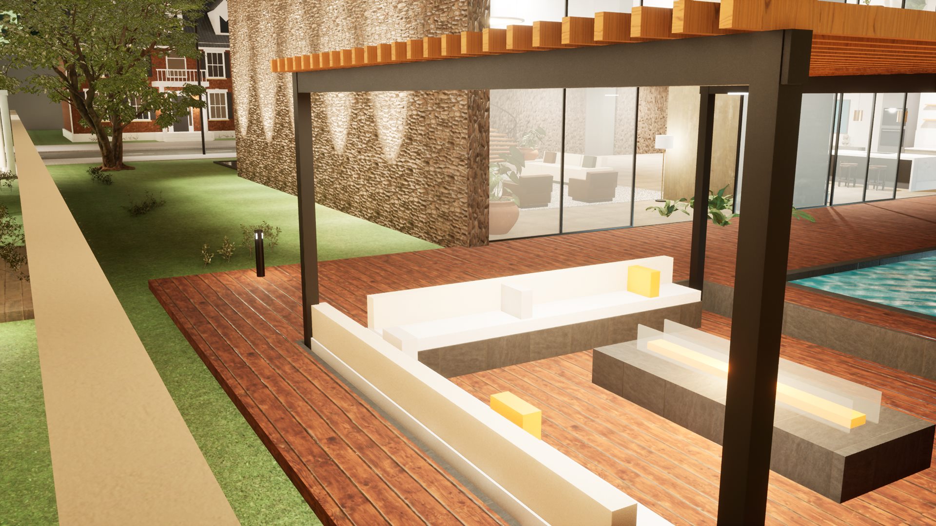 Lounge sob pergolado de madeira, com lareira e sofás, ao lado da piscina