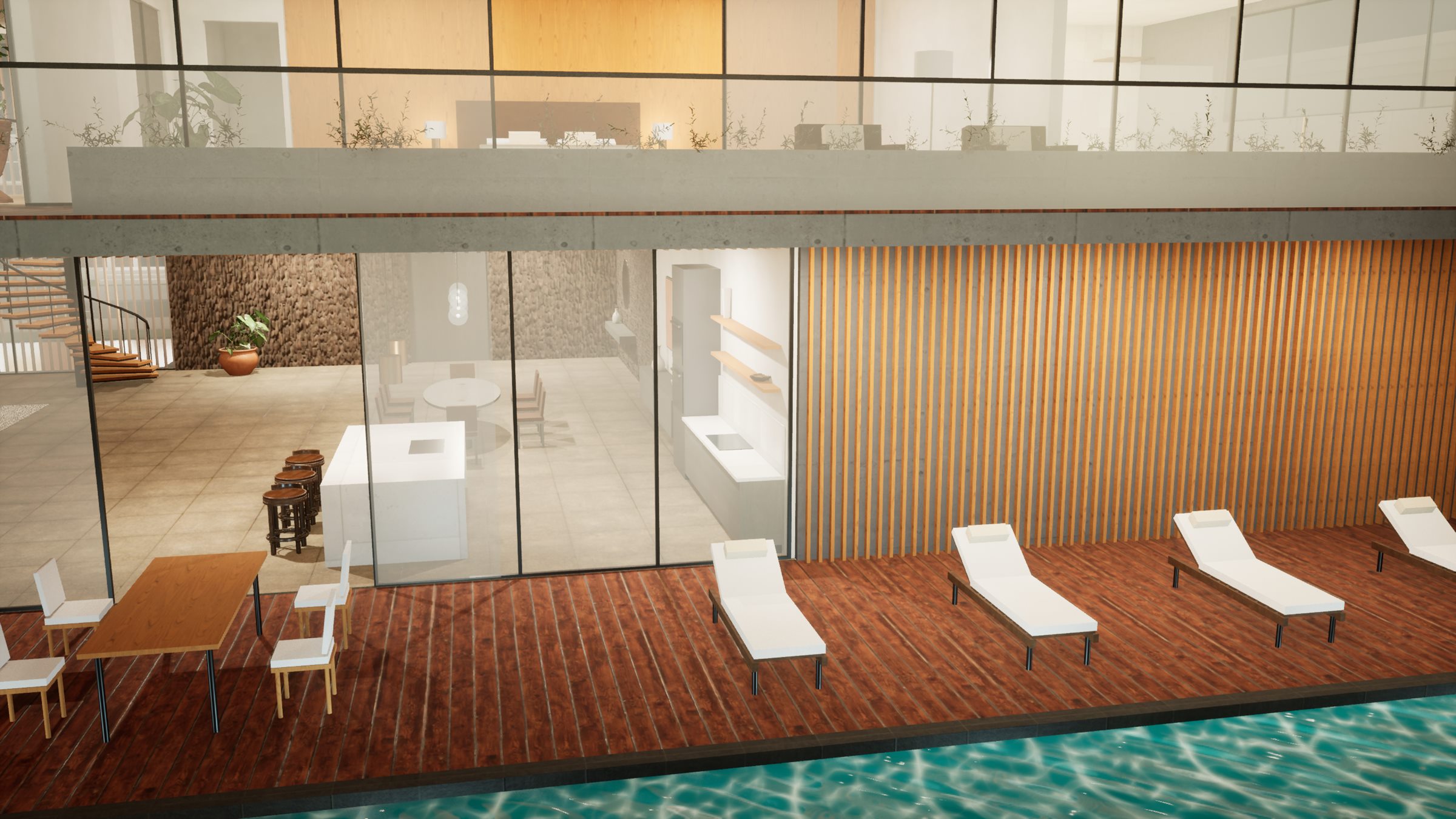Fundos da Casa Mirante com deck de madeira, espreguiçadeiras, piscina e a cozinha aberta para o lazer