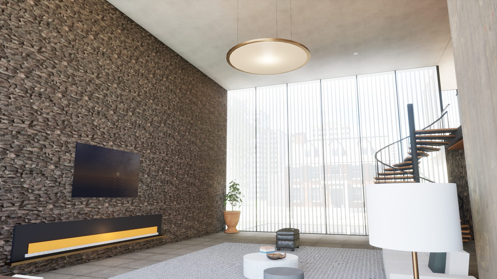 Sala com pé-direito duplo, parede de pedra, lareira e pano de vidro