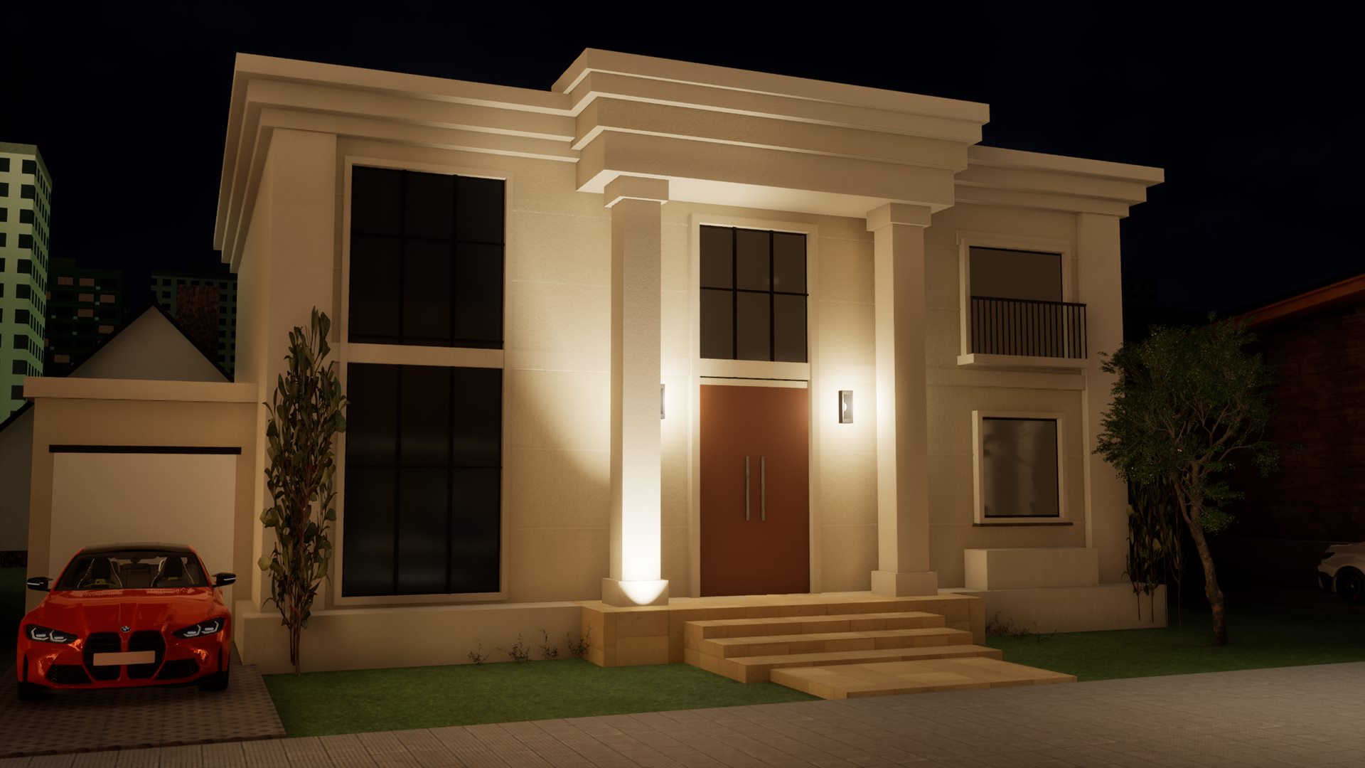 Casa neoclássica com colunas e fachada iluminada à noite