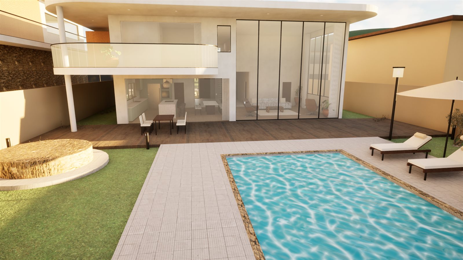 Deck de madeira, piscina e espreguiçadeiras nos fundos da casa