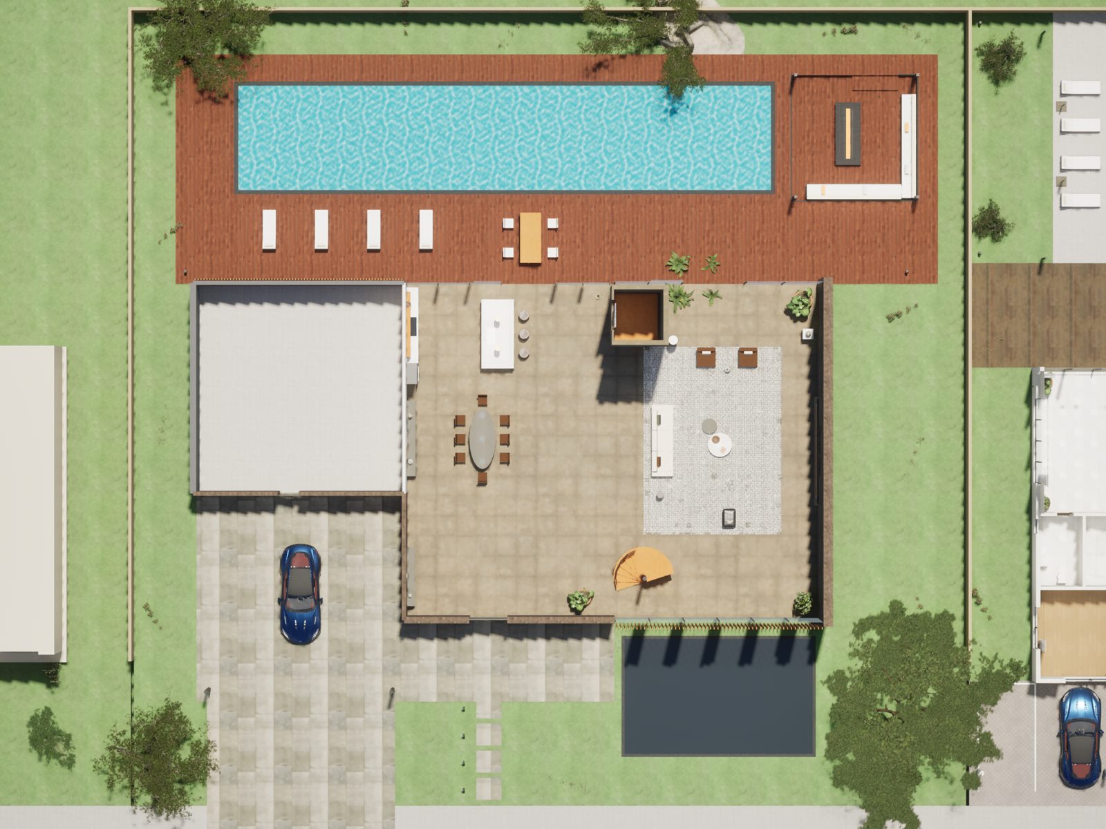 Planta do térreo da Casa Mirante vista de cima no IMERSO, com sala, jantar, cozinha, garagem e piscina de raia