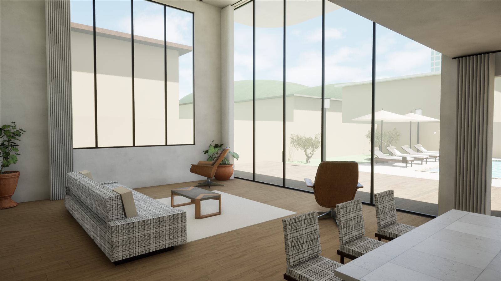 Sala com pé-direito duplo e pano de vidro para a piscina